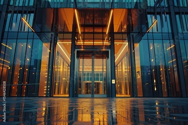 Obraz High Quality Picture of Modern Glass Office Building Entrance in Evening Light