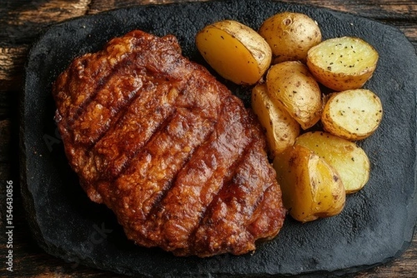 Obraz detailed color image of a large piece of fatty fried meat for steak with potatoes