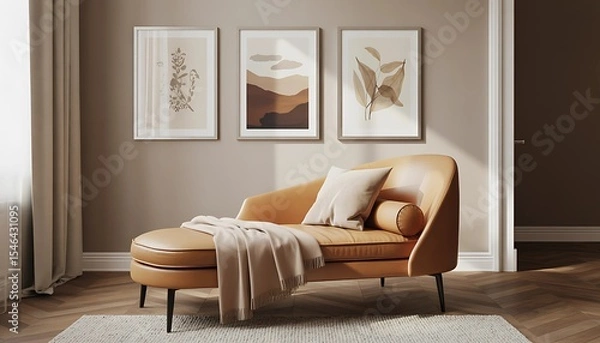 Fototapeta Cozy Scandinavian-inspired living room with chaise lounge, botanical wall art, herringbone floor and minimalist earthy decor in soft natural light

