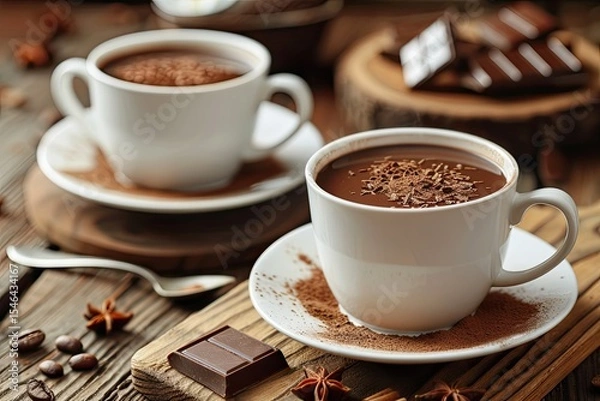 Obraz Flawless Picture of Cups of Tasty Hot Chocolate on Wooden Background