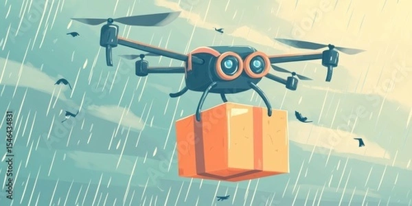 Fototapeta A whimsical illustration of a drone delivering a package in the rain, showcasing innovations in delivery services and logistics.