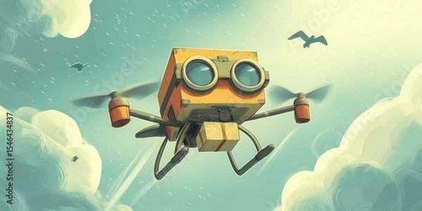 Fototapeta A whimsical flying drone with a boxy design, delivering packages against a dreamy sky. Perfect for e-commerce, technology, and creative projects.