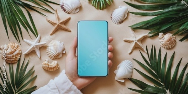 Fototapeta A hand holding a smartphone against a backdrop of seashells and tropical leaves, perfect for summer promotions, travel apps, or social media content.