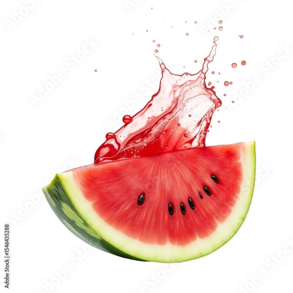 Fototapeta Fresh watermelon slice splashes water droplets in a vibrant display of summer's sweetness and refreshment
