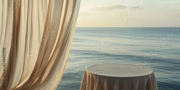 Fototapeta A serene ocean view from behind sheer curtains, featuring a beautifully set table. Perfect for illustrating relaxation, luxury, or romantic getaways.