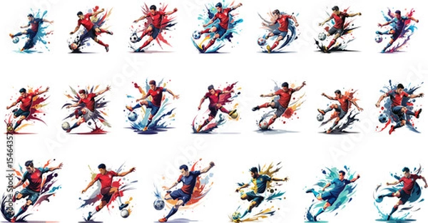 Fototapeta soccer player, football player kicking with colorful splashes, set vector illustration