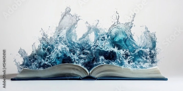 Fototapeta A creative illustration depicting a book with waves emerging from its pages, symbolizing the power of knowledge and imagination in a visually striking way.