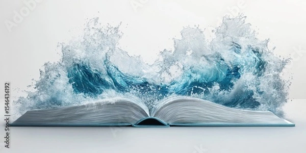 Fototapeta A creative depiction of an open book with waves crashing from its pages, symbolizing the power of knowledge and imagination.