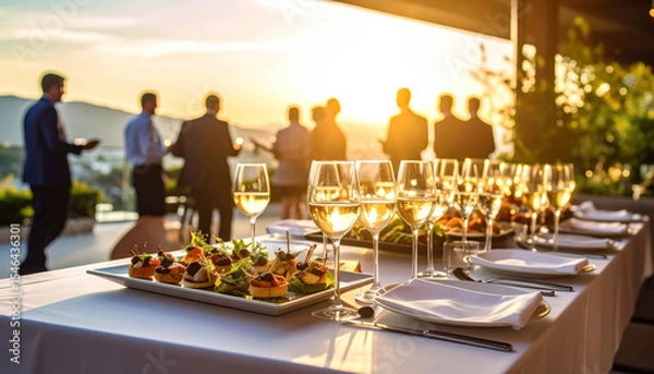 Obraz Elegant business event with appetizers, sunset view, and wine glasses