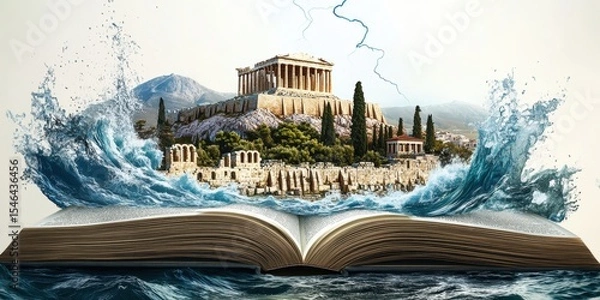 Fototapeta A creative visualization of an open book transforming into a landscape of ancient Greece, symbolizing knowledge, history, and the power of storytelling.