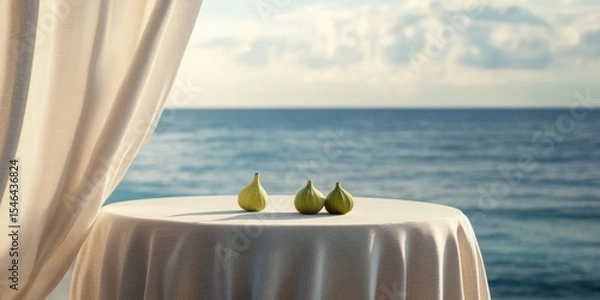 Fototapeta A serene seaside setting featuring fresh fruits on a table, perfect for highlighting wellness, relaxation, or culinary themes in marketing materials.