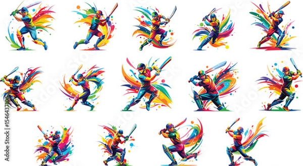 Fototapeta cricket player, batsman hitting with colorful splashes, set vector illustration