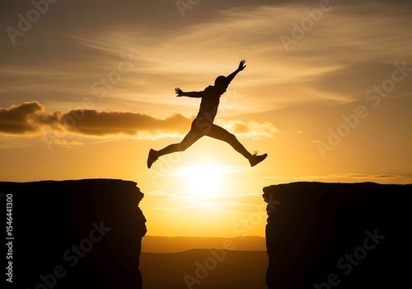Fototapeta Silhouette of person leaping across gap at sunset concept of risk, courage, and achievement