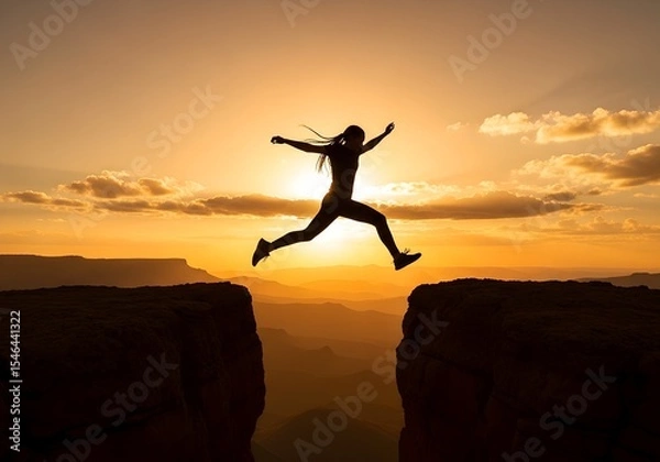 Fototapeta Silhouette of person leaping across gap at sunset concept of risk, courage, and achievement