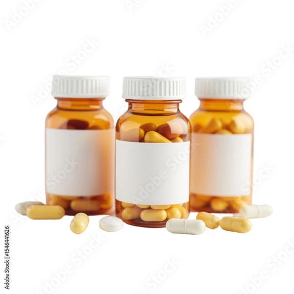 Fototapeta Bottles filled with vibrant capsules rest on a clean surface, showcasing the variety of supplements and medications available for health enhancement