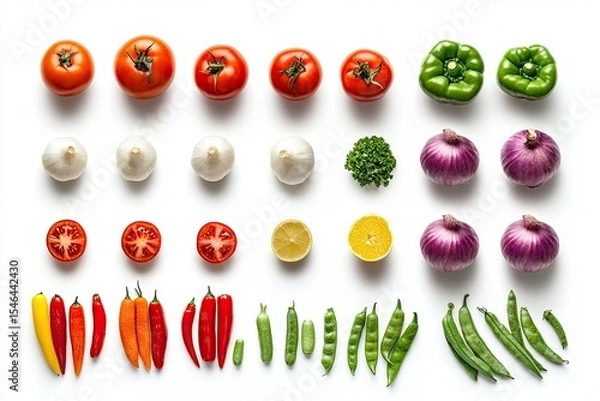 Fototapeta Vegetables Neatly Arranged for Food Photography Isolated on White Background, Depth of Field