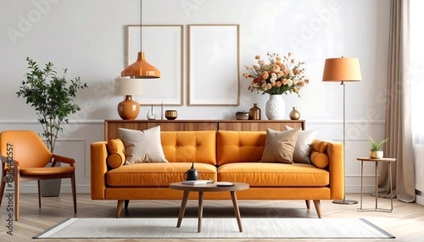 Fototapeta Cozy Living Room Modern Orange Sofa  Decor with Blank Picture Frames.