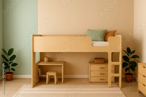 Fototapeta Modern Loft-Style Bedroom With Wooden Furniture and Plants, Focusing on a Loft Bed, a Desk, and Decorative Elements in a Well-Lit Space