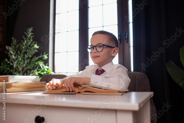 Fototapeta A 7-year-old child in glasses and  dressed school uniform poses at the school table indoor/ The boy learn the book