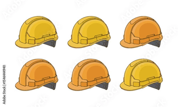 Fototapeta Modern vector illustration of a yellow construction safety helmet, front-left, side-left, side-right, and front-right—similar, easily editable and scalable.