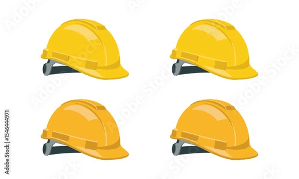 Fototapeta Modern vector illustration of a yellow construction safety helmet, front-left, side-left, side-right, and front-right—similar, easily editable and scalable.