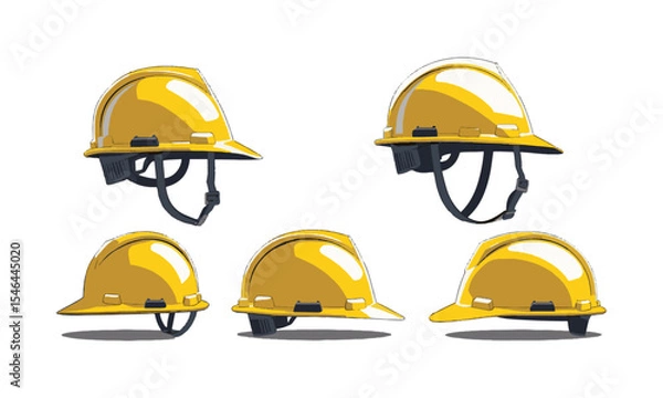 Fototapeta Modern vector illustration of a yellow construction safety helmet, front-left, side-left, side-right, and front-right—similar, easily editable and scalable.