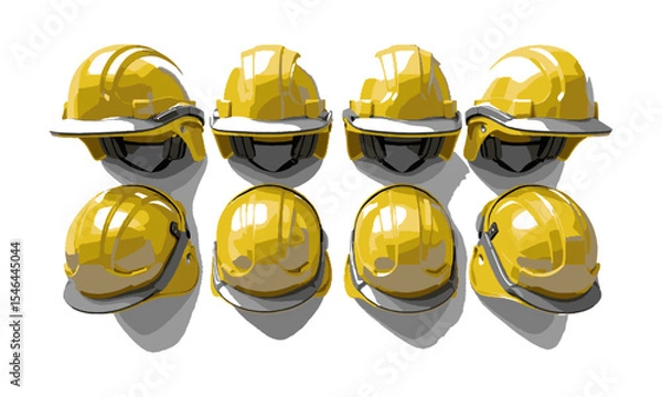 Fototapeta Modern vector illustration of a yellow construction safety helmet, front-left, side-left, side-right, and front-right—similar, easily editable and scalable.