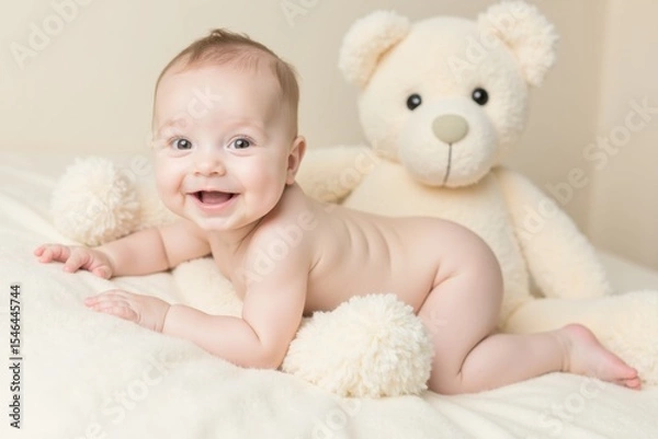 Fototapeta A white newborn baby smiles while lying on a bed next to a big soft teddy bear. The scene is calm with pastel beige tones and gentle light