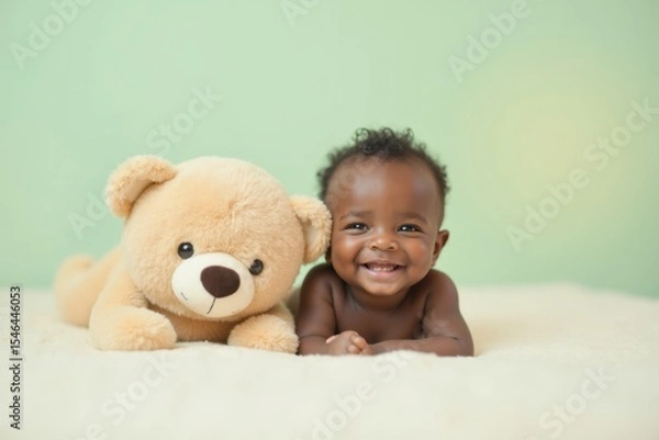 Fototapeta A Black newborn baby lies on a bed next to a large plush teddy bear, smiling with joy. The background is soft pastel mint green with warm light