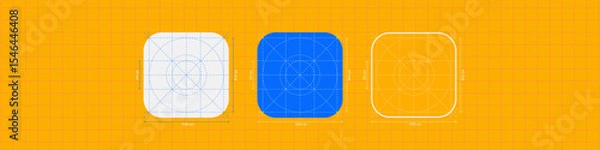 Fototapeta Vector illustration of mobile app icon with measurement lines. UI layout with guides showing size and spacing. Ideal for design specs, interface guidelines, and app development visuals. Editable lines
