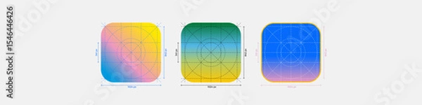 Fototapeta Vector illustration of mobile app icon with measurement lines. UI layout with guides showing size and spacing. Ideal for design specs, interface guidelines, and app development visuals. Editable lines