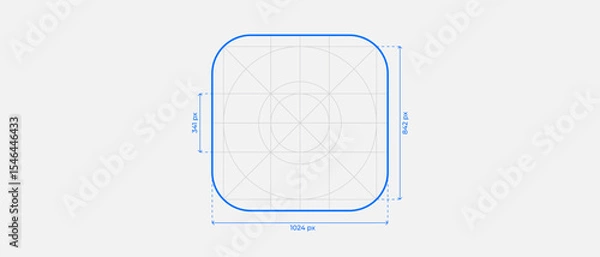 Fototapeta Vector illustration of mobile app icon with measurement lines. UI layout with guides showing size and spacing. Ideal for design specs, interface guidelines, and app development visuals. Editable lines
