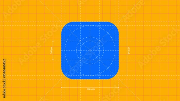 Fototapeta Vector illustration of mobile app icon with measurement lines. UI layout with guides showing size and spacing. Ideal for design specs, interface guidelines, and app development visuals. Editable lines
