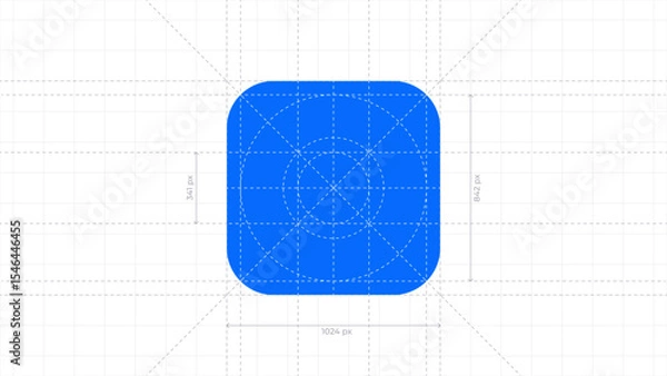 Fototapeta Vector illustration of mobile app icon with measurement lines. UI layout with guides showing size and spacing. Ideal for design specs, interface guidelines, and app development visuals. Editable lines