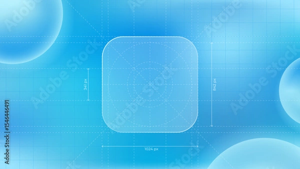 Fototapeta Vector illustration of mobile app icon with measurement lines. UI layout with guides showing size and spacing. Ideal for design specs, interface guidelines, and app development visuals. Editable lines