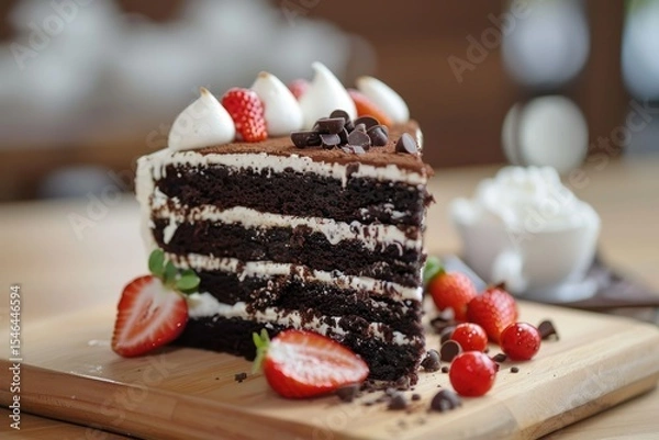 Fototapeta Sliced Chocolate Cake Decorate with Whipping Cream,Sliced Chocolate and Fresh Strawberrie