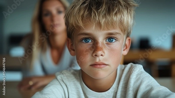Fototapeta This close-up portrait captures a thoughtful child deep in contemplation, emphasizing emotional depth against a soft and calming background that engages the viewer.