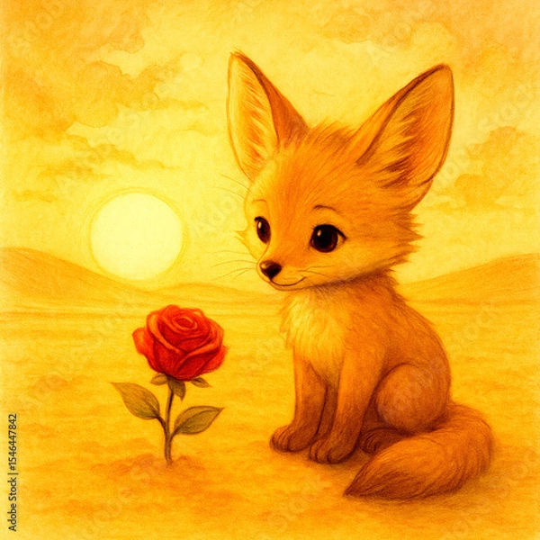 Obraz Cute Fox with a Rose at Sunset (Generative AI)