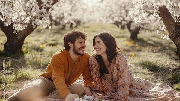 Fototapeta Happy couple having a picnic under cherry trees, casual spring clothes, natural laughter, candid photo style 