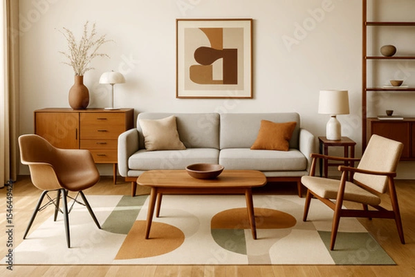 Fototapeta Modern Living Room Decor Showcasing a Minimalist Style With Earth Tones and Stylish Furniture in a Well-Lit Interior Space