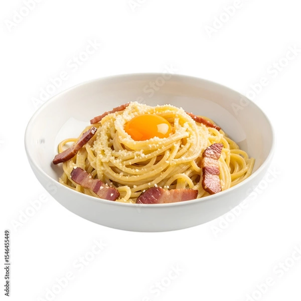 Fototapeta A traditional plate of authentic spaghetti carbonara made with guanciale and egg on isolated transparent background, a classic Roman pasta dish.