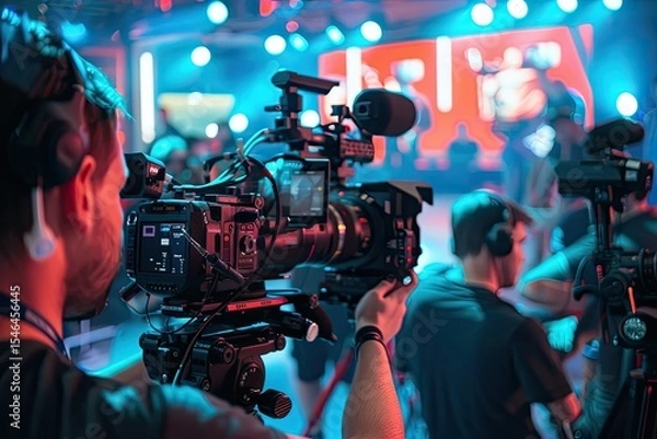 Fototapeta Detailed Image of Cameraman Recording Tv Show in Studio with Professional Video Cameras