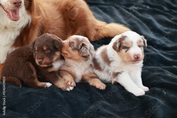 Obraz Group of puppies are laying on a black blanket