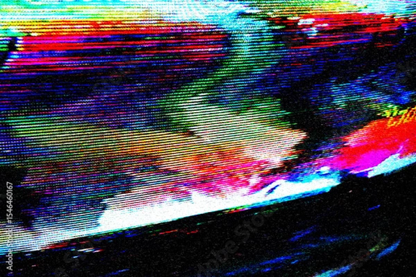 Obraz Glitch camera effect. Retro VHS background. Old video template. No signal. Static TV noise, bad TV signal.	