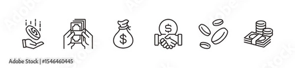 Fototapeta money coin icon line set financial savings wallet cash flow dollar bag vector illustration business earning income hand hold money donation tip symbol outline illustration