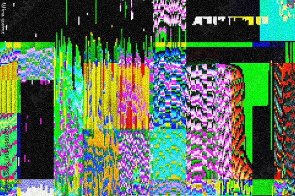 Fototapeta Glitch camera effect. Retro VHS background. Old video template. No signal. Static TV noise, bad TV signal.	