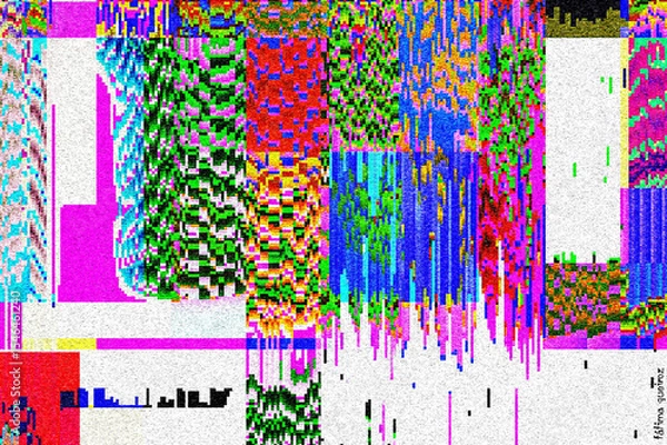 Obraz Glitch camera effect. Retro VHS background. Old video template. No signal. Static TV noise, bad TV signal.	