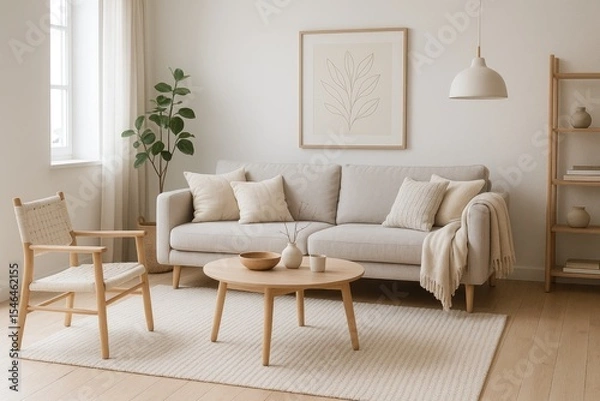 Fototapeta Modern Minimalist Living Room Showcases Neutral Tones and Natural Elements for a Serene Atmosphere