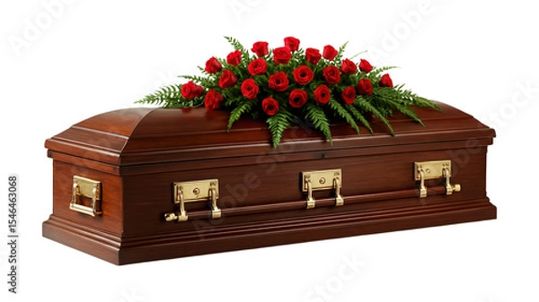 Obraz Elegant Wooden Casket Adorned with Red Roses and Ferns, Symbolizing Remembrance, Grief, and Farewell, Isolated on Transparent and White Background
