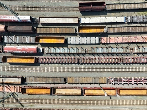 Fototapeta a freight station with many trains - aerial view